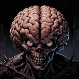 a creature who's entire body is a giant brain, with two dead eye, it has a piercing gaze, comic book illustration, creeping terror in the dark, without remorse, a pure evil intellect