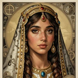 arab princess, character portrait, portrait, close up, concept art, intricate details, highly detailed, vintage sci - fi poster, in the style of chris foss, rodger dean, moebius, michael whelan, and gustave dore