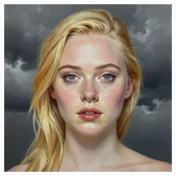 professional painting of Elle Fanning in the style of Lee Madgwick, head and shoulders portrait, symmetrical facial features, smooth, sharp focus, illustration, intricate, stormy weather, extremely detailed masterpiece,