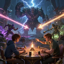 an epic battle in dream scape, as two players sit at a table, one of them tosses a d 2 0 onto a the table. in the dreamscape shows fighting, lightning hitting an orc, magic shooting forth from different directions, artstation, artgerm, 8 k