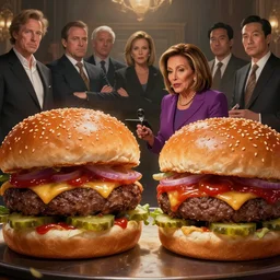 a highly detailed epic cinematic concept art cg render digital painting artwork costume design : nancy pelosi marrying two massive hamburgers, voluptuous sesame seed bun, extra ketchup and pickles and onions. by greg rutkowski, ilya kuvshinov, wlop, stanley artgerm lau, ruan jia and fenghua zhong, trending on artstation, excellent composition, cinematic atmosphere, dynamic dramatic cinematic lighting, aesthetic