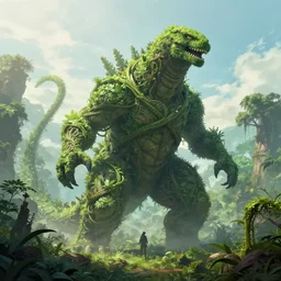 a giant kaiju made of plants and twisting vines rising above the forest. fantasy art by daren bader and joan tuset, trending on artstation.