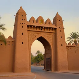 High-quality painting of an ornate West African city gate made of mud bricks at dawn, very detailed, peaceful, National Geographic, digital art.