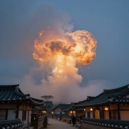 found footage of explosion in the sky, view from below, korean traditional village, 4 k, night, fog