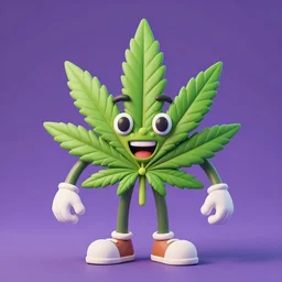 cannabis leaf cartoon character rendered in 3 d, digital art, fun