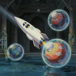 hyperrealist, studio ghibli dull colors painting from close encounters of the third kind 1 9 7 7 of a warped scientist rocketing between two beautiful spheres in a bubble in a flooded temple.