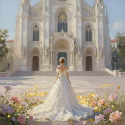 breathtaking detailed soft painting of a full body shot of a bride viewed from behind in a long dress of pure light, in front of a pristine art nouveau cathedral on a wedding day, a sunlit plaza covered in pastel flowers with golden petals and fireflies, rule of thirds, german romanticism, rembrandt style, elegant, volumetric lighting, highly detailed, artstation, concept art, matte, sharp focus, art by Tom Bagshaw, Alfons Mucha and Greg Rutkowski