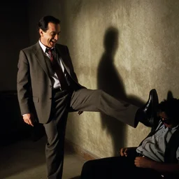 George Costanza as one of the droogs from the movie a clockwork orange, laughing while kicking someone, grainy movie still
