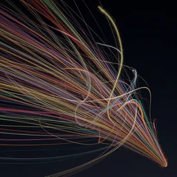 millions of thin threads of colorful fabric unravel, twist, and whirl confusingly in strong winds across a dark night sky, unreal engine