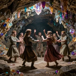 medieval people dancing in a cave, there are colorful crystals on the ceiling and on the ground, by greg rutkowski, 4k, very detailed
