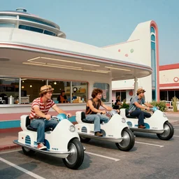 james jean, norman rockwell, googie style architecture, kitsch, retro futuristic atomic age, space age, greaser biker gang, greaser biker gang hanging out at the ice cream parlour, rocket bikes, sci - fi retro