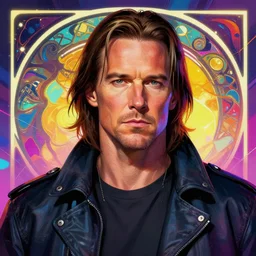 jeff bridges lebowsky realistic portrait, by etam cru, cyberpunk, alphonse mucha, by surudenise, beautiful, epic camera, colorful background, league of legend, digital painting, dynamic colors, artstation, graffiti, neon