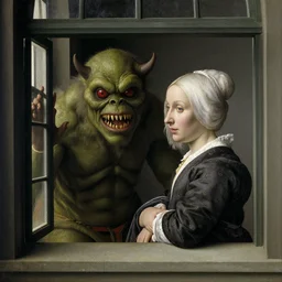 a monster peeks through a window at a woman, by Jan van Eyck