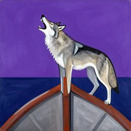 a wolf barking on a 1700s ships bow during night with purple sky in fernando de noronha, from Kazimir Malevich trying imitate pablo picasso