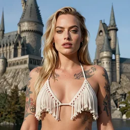 margot robbie portrait posing in a tassel bikini in front of hogwarts, tattooed body, highly detailed and realistic face, beautiful detailed eyes, fantasy art, in the style of Artgerm, illustration, epic, fantasy, intricate, hyper detailed, artstation, concept art, smooth, sharp focus, ray tracing, vibrant