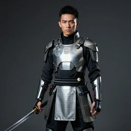 Photo of an Asian-African samurai carrying a sword, wearing a futuristic outfit