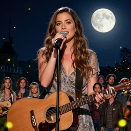 Mila Kunis staring into the camera singing a lullaby, fireflies, full moon, Lilia Alvarado, Sophie Anderson, Mark Arian, Bob Byerley, Charlie Bowater, Mark Brooks, Steve Henderson, Justin Gerard, Arthur Hughes, Edward Robert Hughes, Mark Keathley, Victor Nizovtsev, Carlos Shwabe, Ross Tran, WLOP