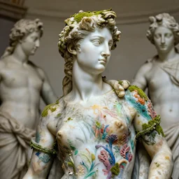 beautiful intricate colourful marble sculpture woman portrait by michelangelo buonarroti and by gian lorenzo bernini, colour paint splashes corals vegetation, covered in moss