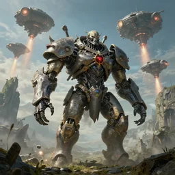 highly detailed elden ring portrait photo of a giant hypermind robotic golurk in a scenic dystopian environment. a fleet of even bigger massive spacecrafts lift off in the background, starting engines nitro jet drive, hyperrealistic illustration by william didier - pouget