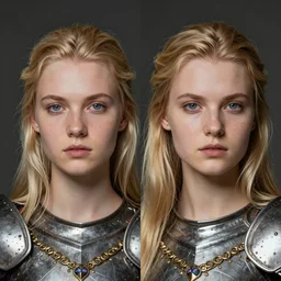 Symmetrical headshot portrait of young blonde paladin woman, in style of Peter Mohrbacher