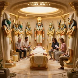 energetic healing chamber watched over by the egyptian pantheon, tooth wu, dan mumford, beeple, wlop, rossdraws, james jean, marc simonetti, artstation giuseppe dangelico pino and michael garmash and rob rey and greg manchess and huang guangjian and makoto shinkai