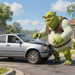 Dashcam photo of car about to crash into Shrek