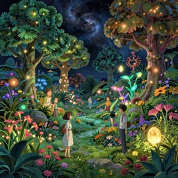 a cosmic garden with glowing trees, flowers and plants by paolo eleuteri serpieri and tomer hanuka and chesley bonestell and daniel merriam and tomokazu matsuyama and makoto shinkai, clearly defined outlines, unreal engine, high resolution render, featured on artstation, octane, 8 k, highly intricate details, vivid colors