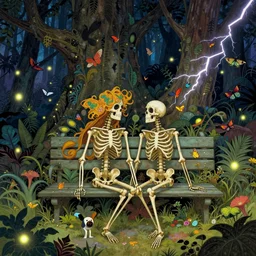 Vivid ornate concept design of skeleton couple sitting on bench in a dark fantasy forest with big trees fauna and flora and lightning bugs moths flying con trending on artstation by John Howe and Feng Zhu and Peter Mohrbacher in a style of Jean Giraud and Alphonso Mucha