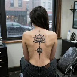 beautiful austere clean woman getting her entire back tattoo of a lotus and compass sitting in a grimy tattoo parlor in nyc, rainy and foggy outside