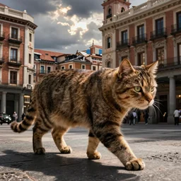 A giant cat is walking through Gran Via in Madrid