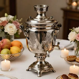 mid-distance slight overhead product view of ornate Russian samovar on a table with candles, fruit and flower arrangements, photorealism, metal reflections, DSLR, 20mm lens, professional photography, elite, luxury, five-star, Michelin, photographic, CG Society, deep focus, extreme detail, razor sharp