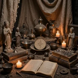 cluttered room full of ancient artifacts candles statues runes books magical instruments drapery atmospheric lighting dusty dark hdr