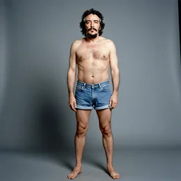 fidel castro posing while wearing denim shorts, full body portrait, 3 5 mm film, by nan goldin