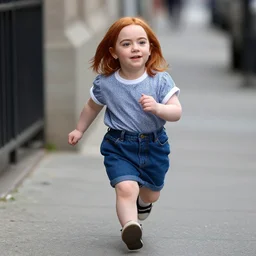 portrait of midget emma stone running down a sidewalk, sharp focus, 4 k editorial photograph, soft lighting