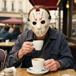 photograph of jason voorhees having a coffee at an european caffé, light and cheerful photograph, nostalgic look