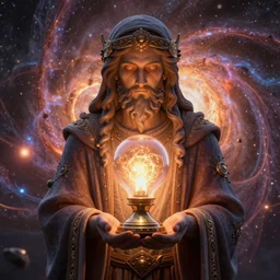 god holding in his palm a lamp, big bang, rich moody colors, warm volumetric lighting, octane, unreal 5, hyper realistic, ultra detailed, 8 k, breathtaking, deep depth of field, sharp, fractal, post processing, elegant, intricate digital art, led light, ornate, neat, kawaii, artgem, trending artstation