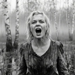 1 9 7 0 s movie still close - up portrait of a blonde woman in a dirty dress yelling in a swamp with birch forest, snow, cinestill 8 0 0 t 3 5 mm b & w, heavy grain, high quality, high detail, mud, fog, by tarkovsky