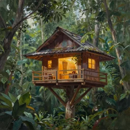 a photoreal painting of a Lighted tree house in the Amazon rainforest. Trending on artstation,by Nikita Pilyukshin.