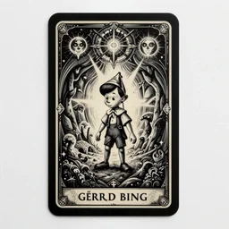 black paper + tarot card + pinocchio from The Lord of the Rings, vintage detailed fantasy illustration designed by Gerald Brom + psychedelic black light style + intricate ink illustration + symmetry + elden ring