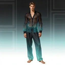 full figure portrait of a single beautiful young fit man, dressed of modern transparent fluent shirt and large linen pants, bare feet, by greg rutkowski and alphonse mucha, d & d character, gradient black to cyan, interior design background, highly detailed portrait, digital painting, artstation, concept art, smooth, sharp focus ilustration, artstation hq
