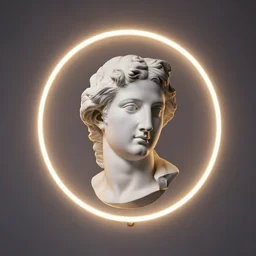 a 3 d neon ring surrounding a renaissance statue head