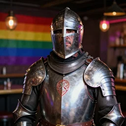High quality photograph from a middle aged Latin man with short hair, with facial hear, wear a medieval knight armor with open helmet, stands inside a queer pride rainbow bar UHD 8K