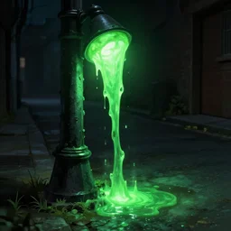 green goo, glowing, dripping from a light post, dark alley, night, eerie scene, trending on artstation