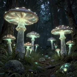 a forest of giant luminous mushrooms, lush grey grass and glowing stones on the forest floor, dark ambient environment lighting, by greg tocchini, digital art, 8 k, hdr, fantasy, dark fantasy, trending on artstation, intricate