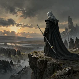 Sauron standing on the edge of a cliff overlooking his troops in the distance ready for war at Mordor in the evening, detailed matte painting, cinematic, Alan Lee, Artstation