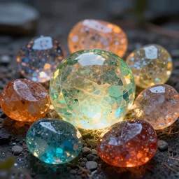 realistic photo of multi colorful big transparent stones, glowing light from behind, very sharp focus, in the style of greg rutswoski, very hyper realistic, highly detailed, fantasy art station