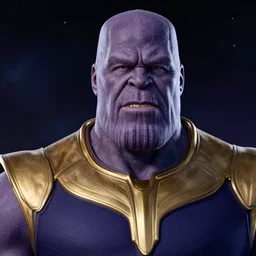 Sam Hyde starring as Thanos, close-up, sigma male, rule of thirds, award winning photo, unreal engine, studio lighting, highly detailed features, interstellar space backdrop
