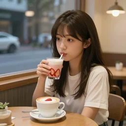 cute girl sitting across the room from you, at a coffee shop, drinking a strawberry latte, evening, low lighting, highly detailed, artstation, 4k, amazing quality