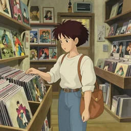 girl shopping at a record store, art by hayao miyazaki, studio ghibli film W 512