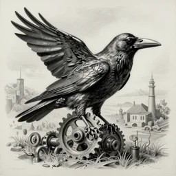 industrial drawing of a crow made of engrenage, made by zdzisław beksinski